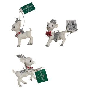 Set/3 Kurt Adler Silver Glitter White Fawn Deer Ornaments Retro Christmas Decor